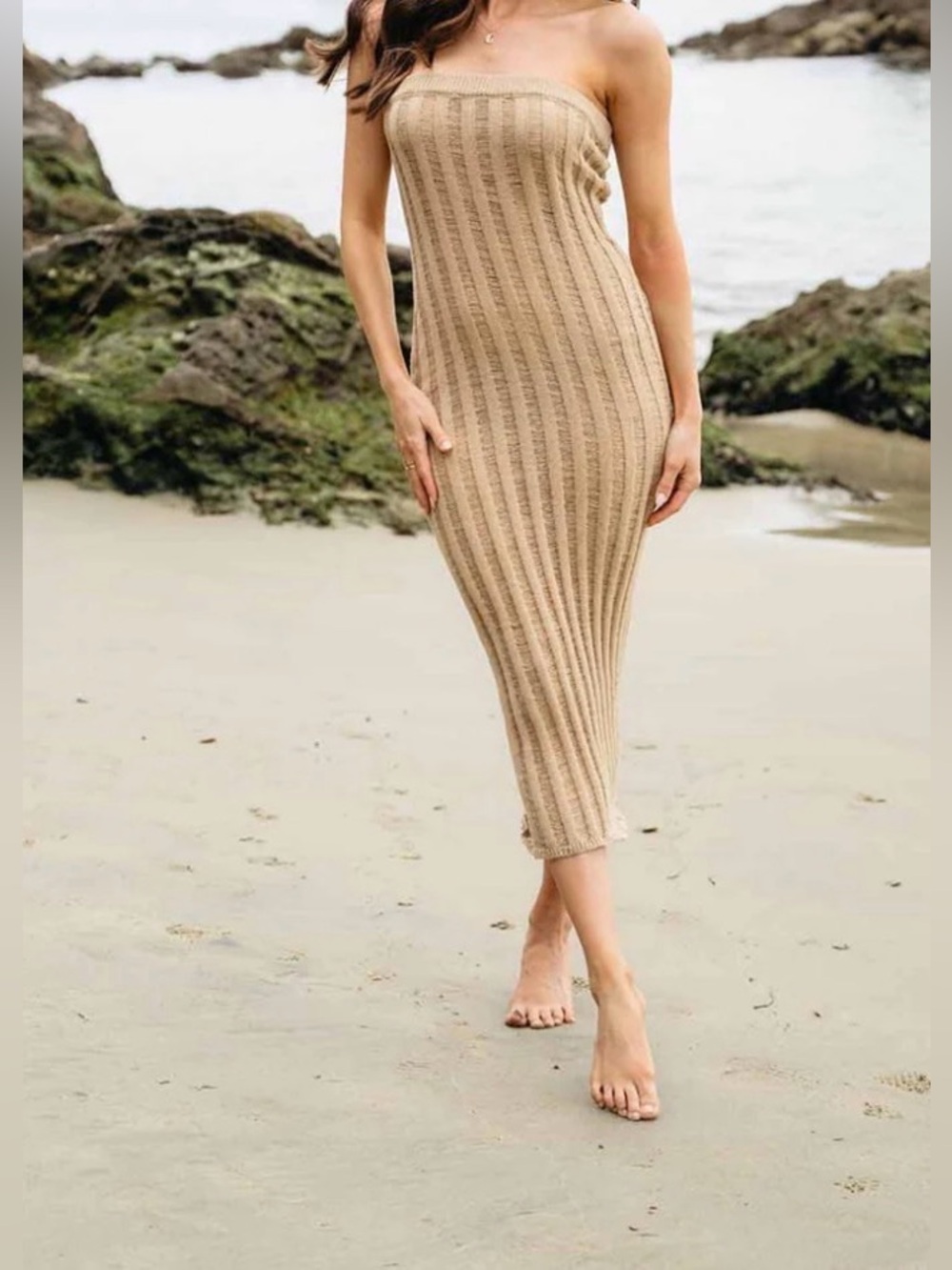 Strapless Ribbed Knit Midi Dress — Beige